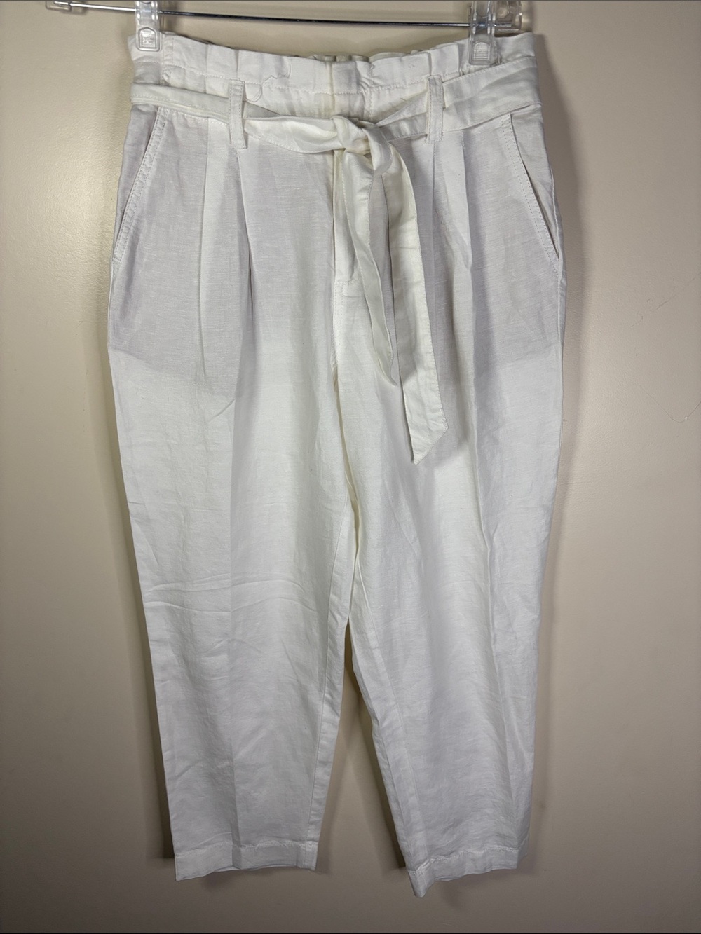 LOFT White Paperbag Waist Linen-Blend Pants with Tie